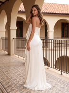 Ivory Satin column Straight Neck Back Zip Floor-Length Dress with Cascading Ruffles - Curvevia
