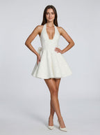 Ivory Sequins A-Line Halter Back-Zip Short Dress with Detachable Bow - Curvevia