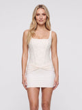 Ivory Stretch Knit Sheath Square Neck Lace-up Mini Dress with Sequin Corset and Draped Hip - Curvevia