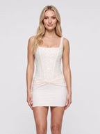 Ivory Stretch Knit Sheath Square Neck Lace-up Mini Dress with Sequin Corset and Draped Hip - Curvevia