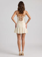 Ivory Sequins A-Line Square Neck Lace-up Short Dress with Butterfly Pattern - Curvevia