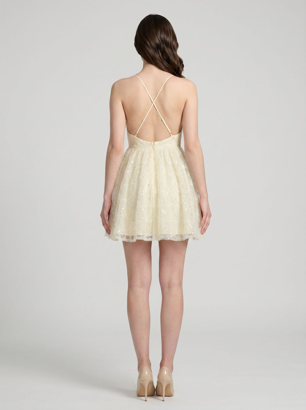 Ivory Sequins A-Line V-Neck Criss-Cross Straps Short Dress with Sequin Applique - Curvevia