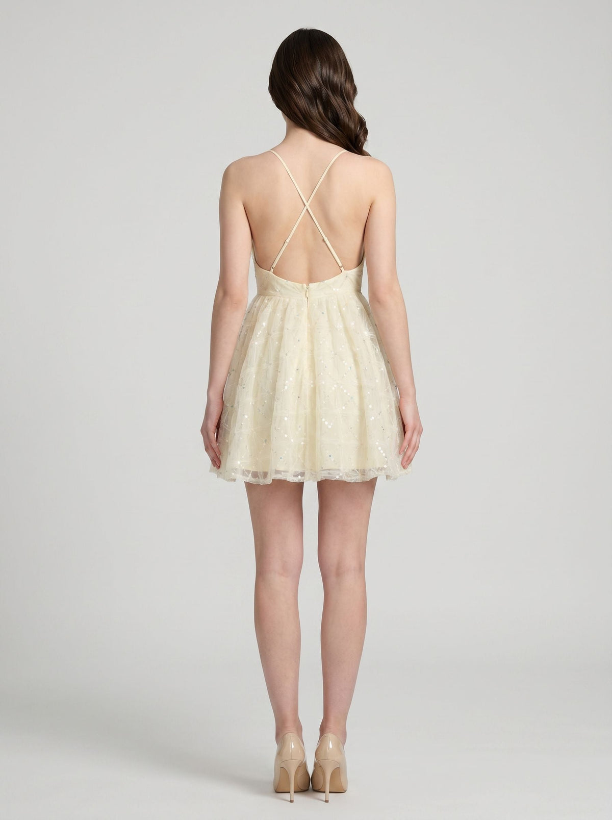 Ivory Sequins A-Line V-Neck Criss-Cross Straps Short Dress with Sequin Applique - Curvevia