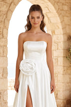Black Strapless Satin Long Evening Dress With High Split - Curvevia