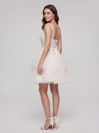 Ivory Tulle A-Line V-Neck Lace-up Short Dress with Pearls - Curvevia