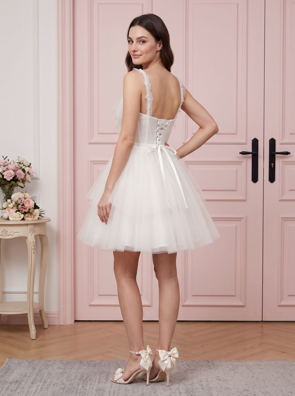 Ivory Tulle A-Line V-Neck Lace-up Short Dress with Pearls - Curvevia