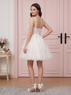Ivory Tulle A-Line V-Neck Lace-up Short Dress with Pearls - Curvevia