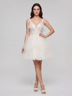 Ivory Tulle A-Line V-Neck Lace-up Short Dress with Pearls - Curvevia
