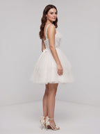 Ivory Tulle A-Line V-Neck Lace-up Short Dress with Pearls - Curvevia