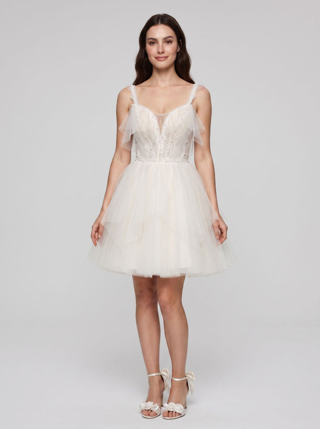 Ivory Tulle A-Line V-Neck Lace-up Short Dress with Pearls - Curvevia
