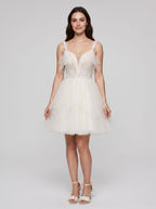 Ivory Tulle A-Line V-Neck Lace-up Short Dress with Pearls - Curvevia