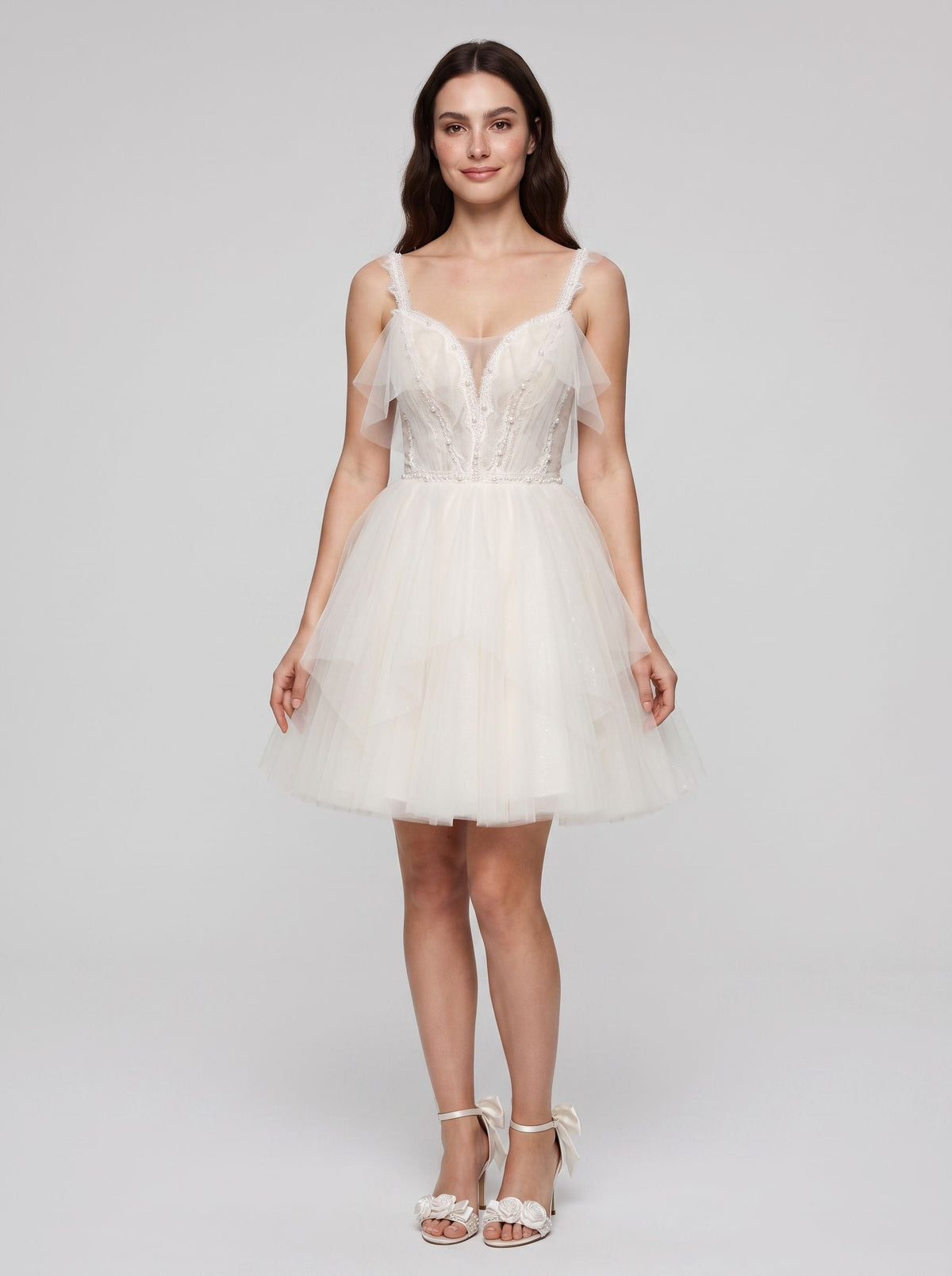 Ivory Tulle A-Line V-Neck Lace-up Short Dress with Pearls - Curvevia