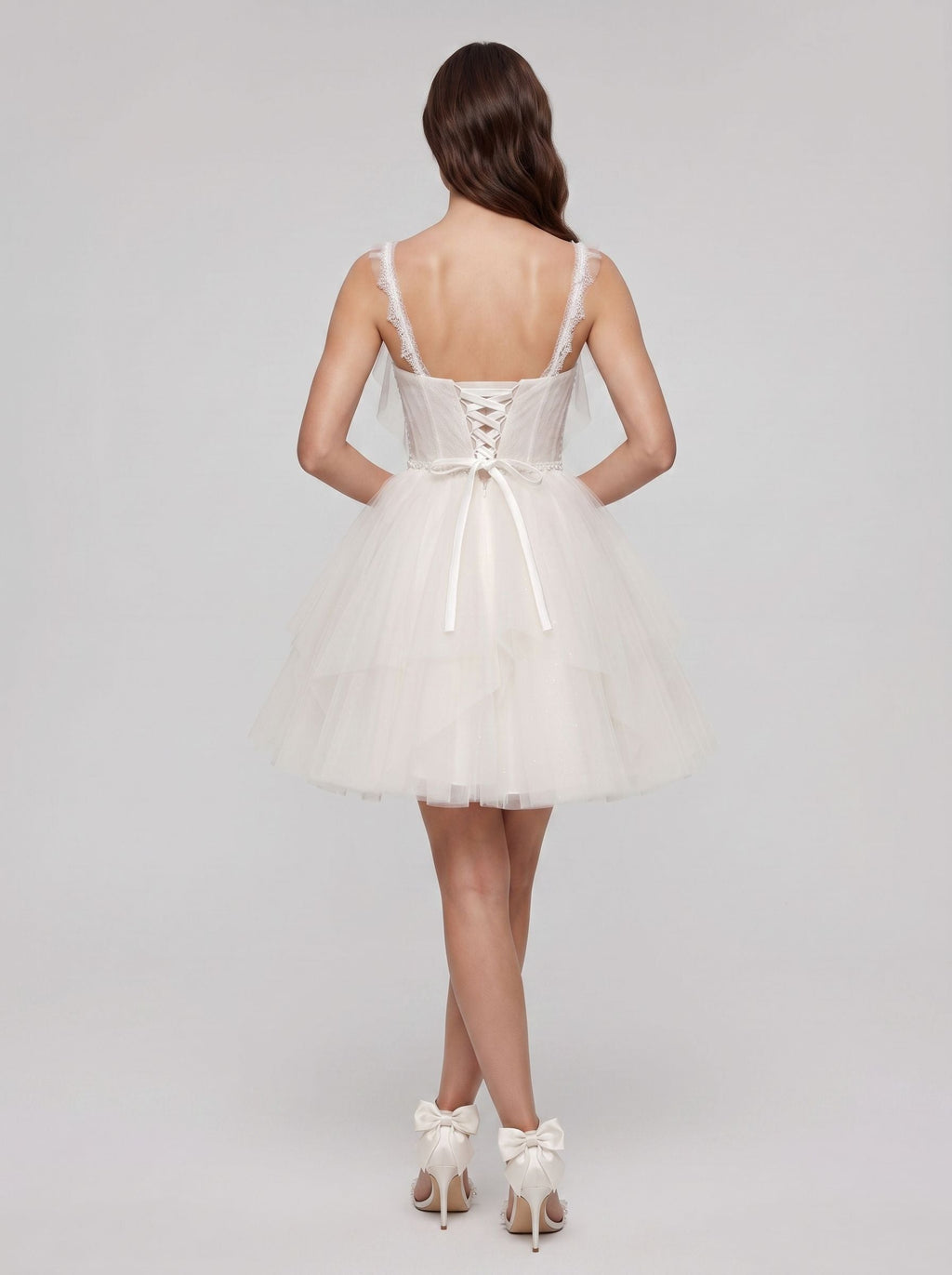 Ivory Tulle A-Line V-Neck Lace-up Short Dress with Pearls - Curvevia