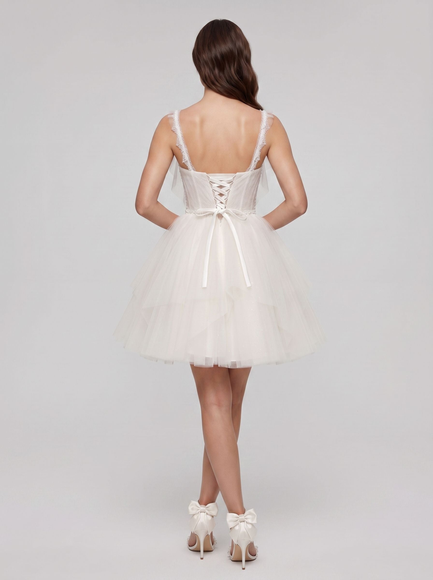 Ivory Tulle A-Line V-Neck Lace-up Short Dress with Pearls - Curvevia
