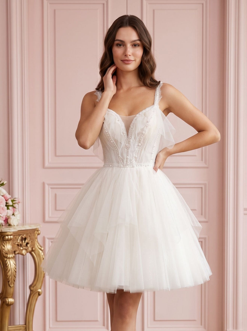 Ivory Tulle A-Line V-Neck Lace-up Short Dress with Pearls - Curvevia
