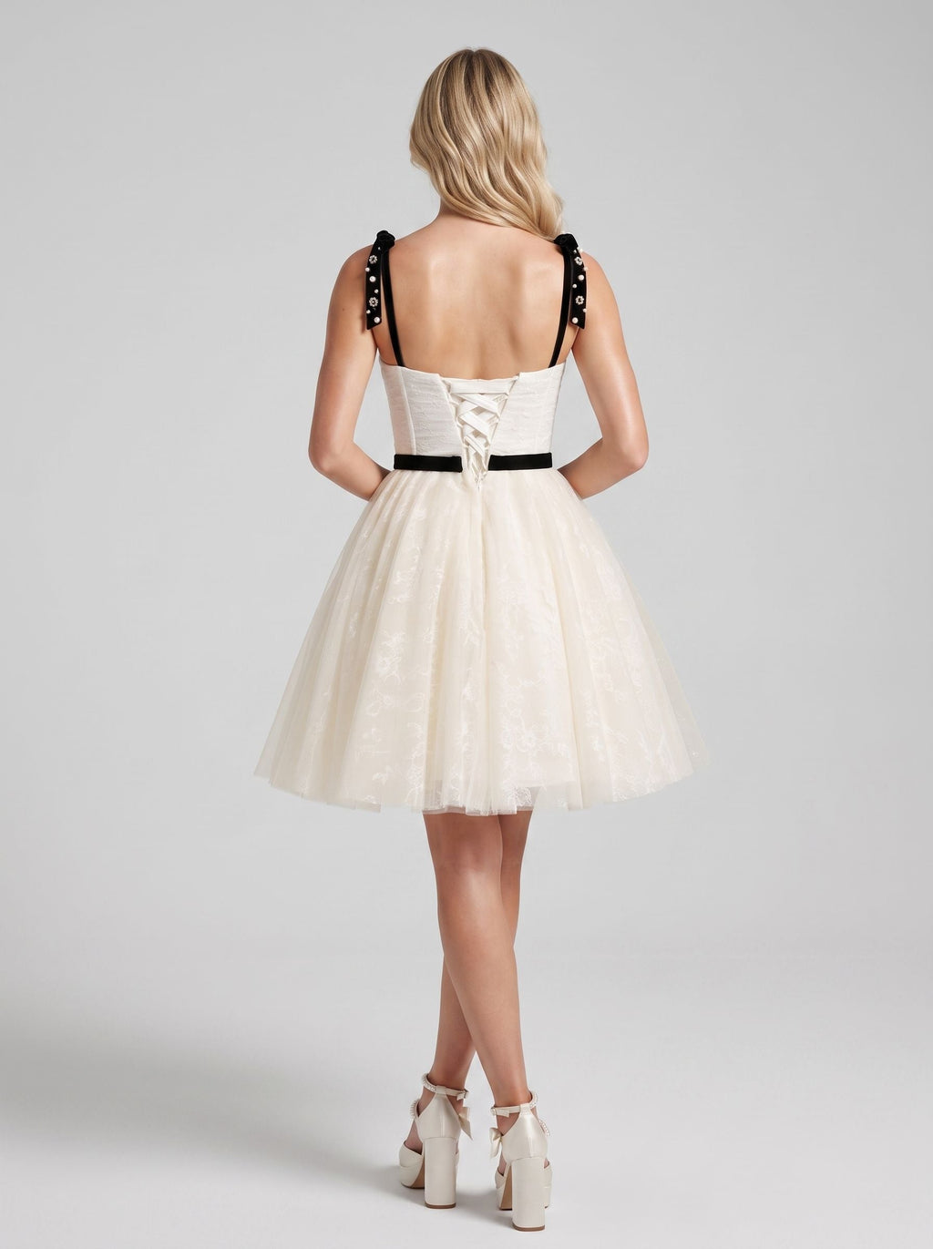 Ivory Tulle A-Line Straight Neck Backless Short Dress with Contrast Sash - Curvevia