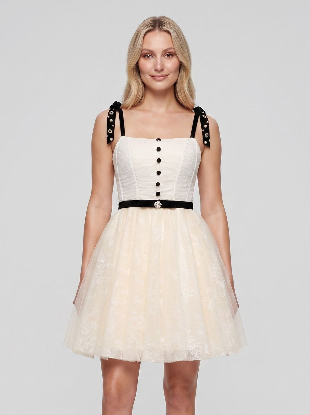 Ivory Tulle A-Line Straight Neck Backless Short Dress with Contrast Sash - Curvevia