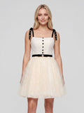 Ivory Tulle A-Line Straight Neck Backless Short Dress with Contrast Sash - Curvevia