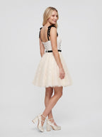 Ivory Tulle A-Line Straight Neck Backless Short Dress with Contrast Sash - Curvevia