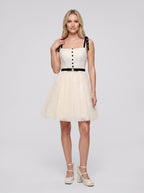 Ivory Tulle A-Line Straight Neck Backless Short Dress with Contrast Sash - Curvevia