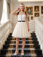 Ivory Tulle A-Line Straight Neck Backless Short Dress with Contrast Sash - Curvevia