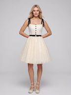 Ivory Tulle A-Line Straight Neck Backless Short Dress with Contrast Sash - Curvevia