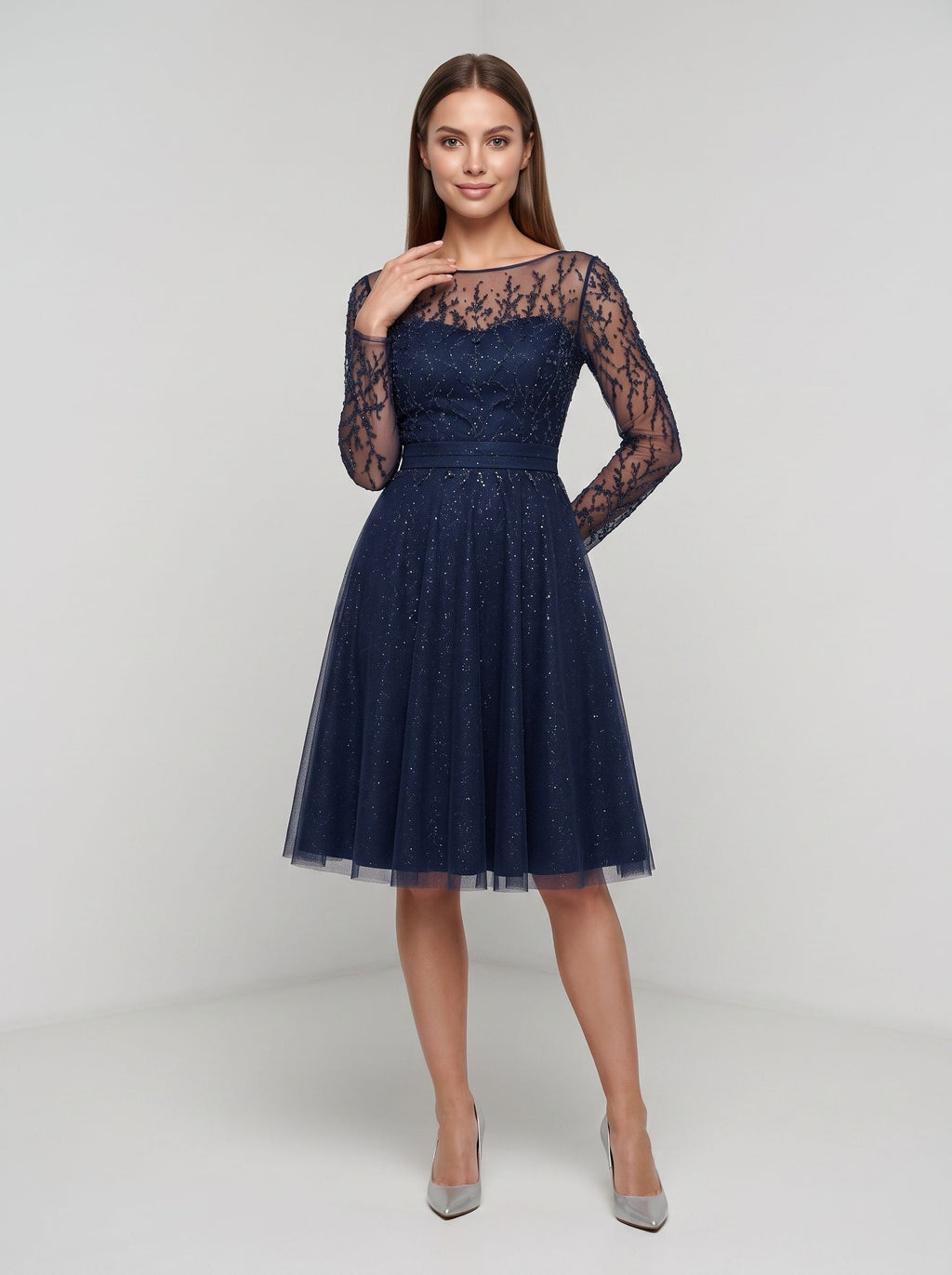 Navy Blue Tulle A-Line Scoop Neck Illusion Knee-Length Dress with Sheer Long Sleeves - Curvevia