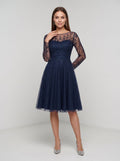Navy Blue Tulle A-Line Scoop Neck Illusion Knee-Length Dress with Sheer Long Sleeves - Curvevia