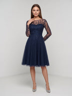 Navy Blue Tulle A-Line Scoop Neck Illusion Knee-Length Dress with Sheer Long Sleeves - Curvevia