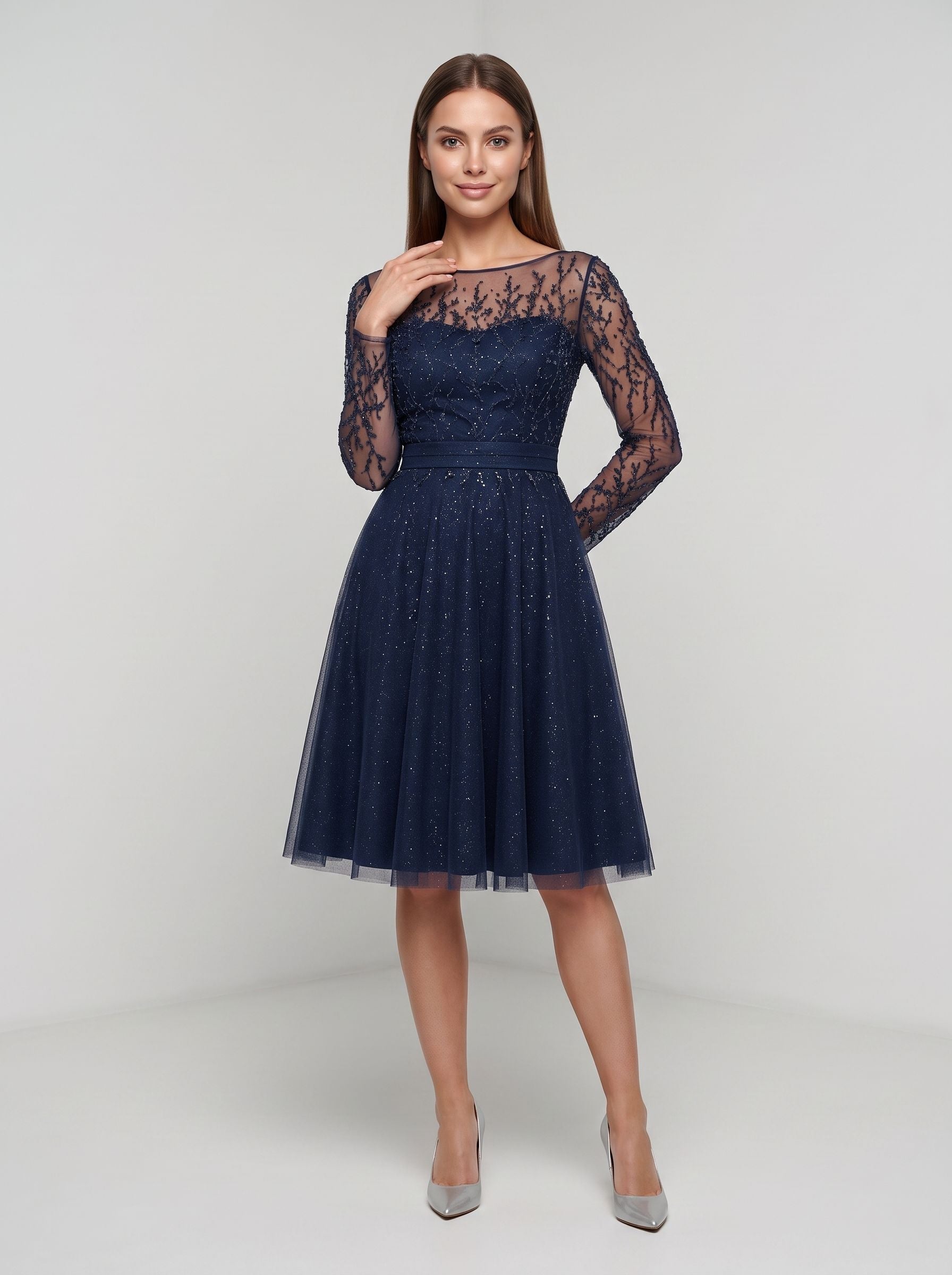 Navy Blue Tulle A-Line Scoop Neck Illusion Knee-Length Dress with Sheer Long Sleeves - Curvevia