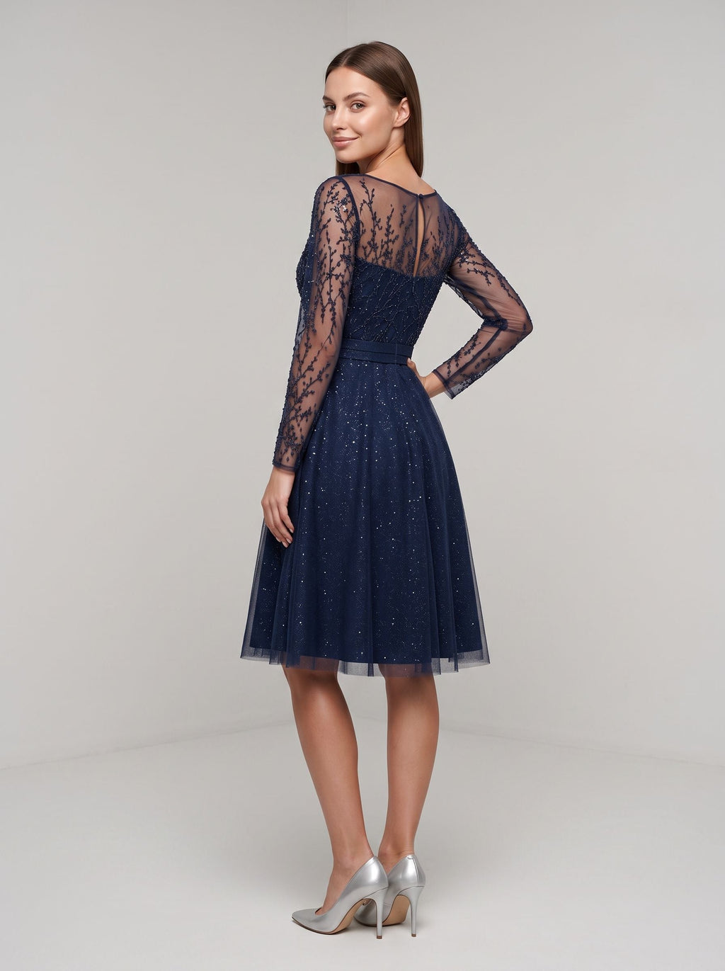 Navy Blue Tulle A-Line Scoop Neck Illusion Knee-Length Dress with Sheer Long Sleeves - Curvevia