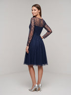 Navy Blue Tulle A-Line Scoop Neck Illusion Knee-Length Dress with Sheer Long Sleeves - Curvevia