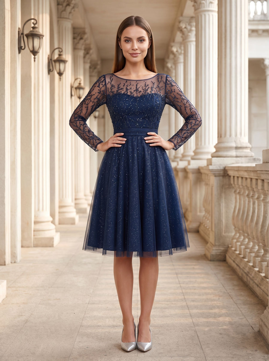 Navy Blue Tulle A-Line Scoop Neck Illusion Knee-Length Dress with Sheer Long Sleeves - Curvevia