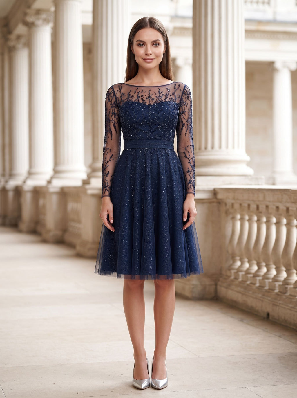 Navy Blue Tulle A-Line Scoop Neck Illusion Knee-Length Dress with Sheer Long Sleeves - Curvevia