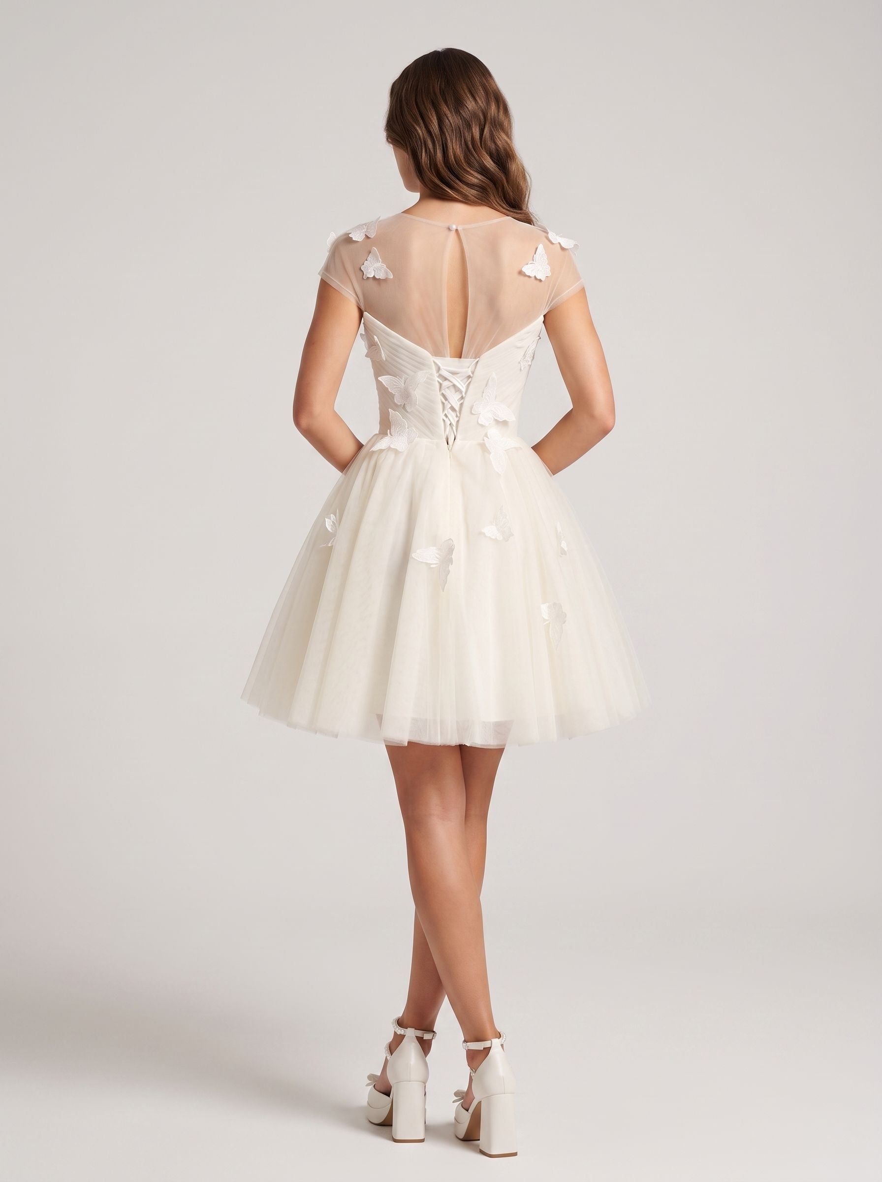 Ivory Tulle A-Line Scoop Neck Lace-up Short Dress with Butterfly Appliques - Curvevia