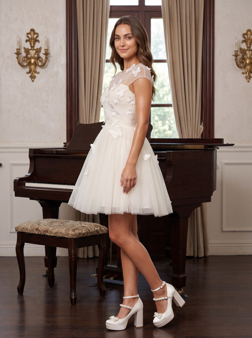 Ivory Tulle A-Line Scoop Neck Lace-up Short Dress with Butterfly Appliques - Curvevia
