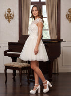 Ivory Tulle A-Line Scoop Neck Lace-up Short Dress with Butterfly Appliques - Curvevia