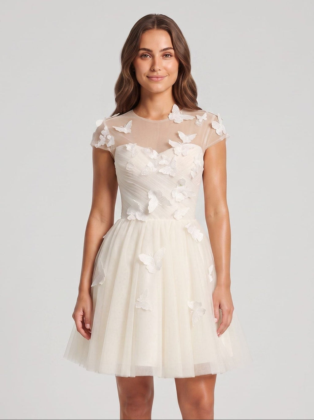 Ivory Tulle A-Line Scoop Neck Lace-up Short Dress with Butterfly Appliques - Curvevia