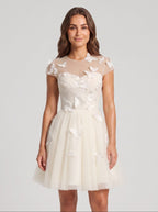 Ivory Tulle A-Line Scoop Neck Lace-up Short Dress with Butterfly Appliques - Curvevia