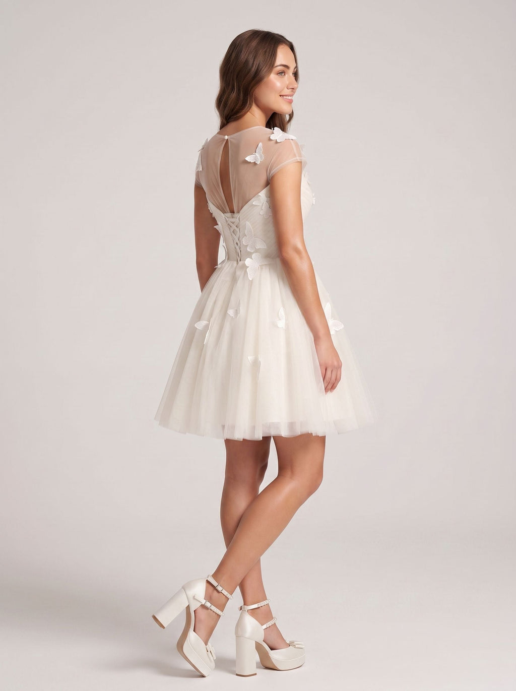 Ivory Tulle A-Line Scoop Neck Lace-up Short Dress with Butterfly Appliques - Curvevia
