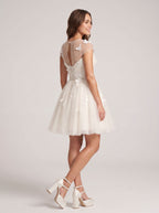 Ivory Tulle A-Line Scoop Neck Lace-up Short Dress with Butterfly Appliques - Curvevia