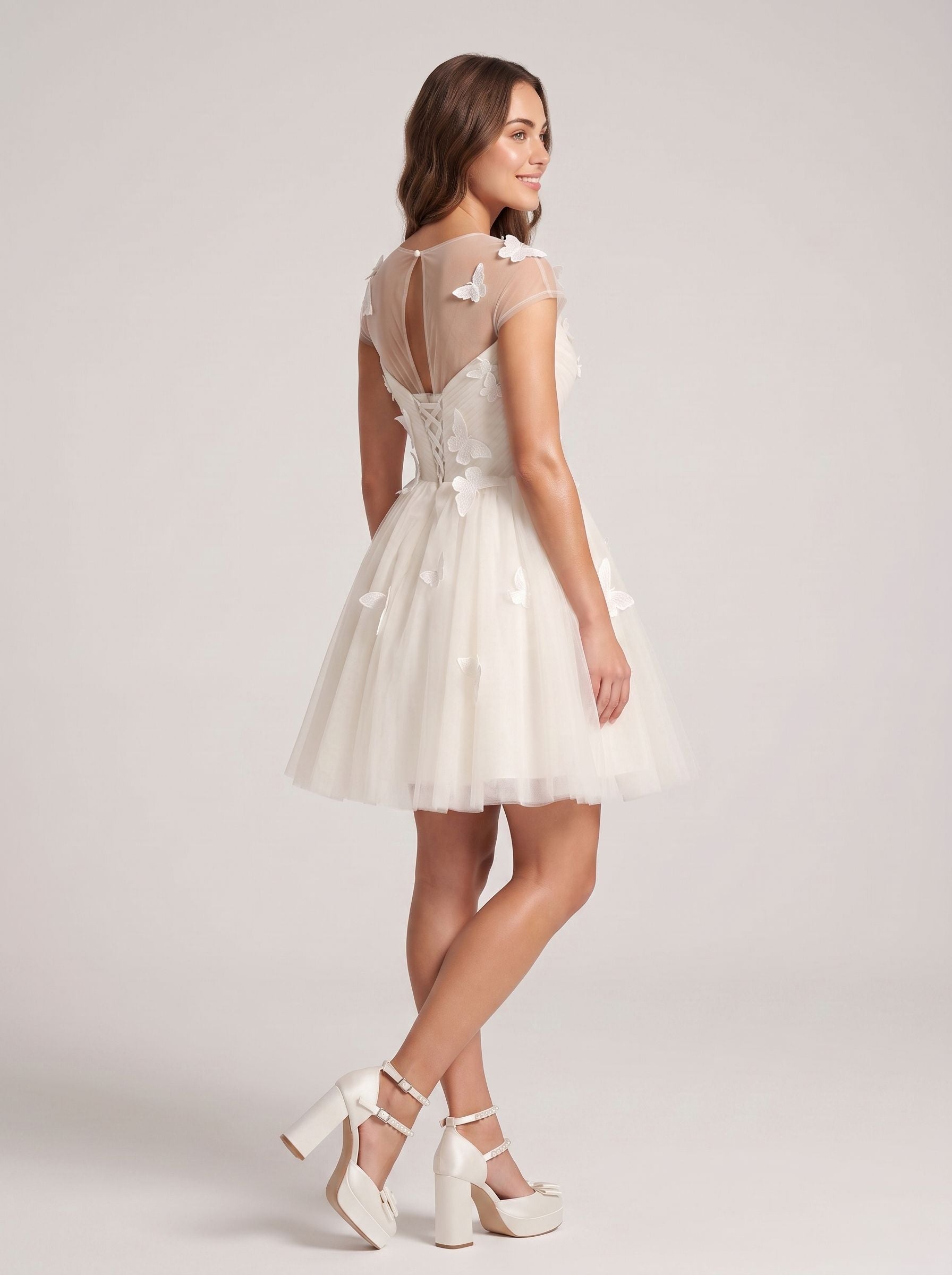 Ivory Tulle A-Line Scoop Neck Lace-up Short Dress with Butterfly Appliques - Curvevia