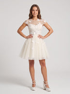 Ivory Tulle A-Line Scoop Neck Lace-up Short Dress with Butterfly Appliques - Curvevia