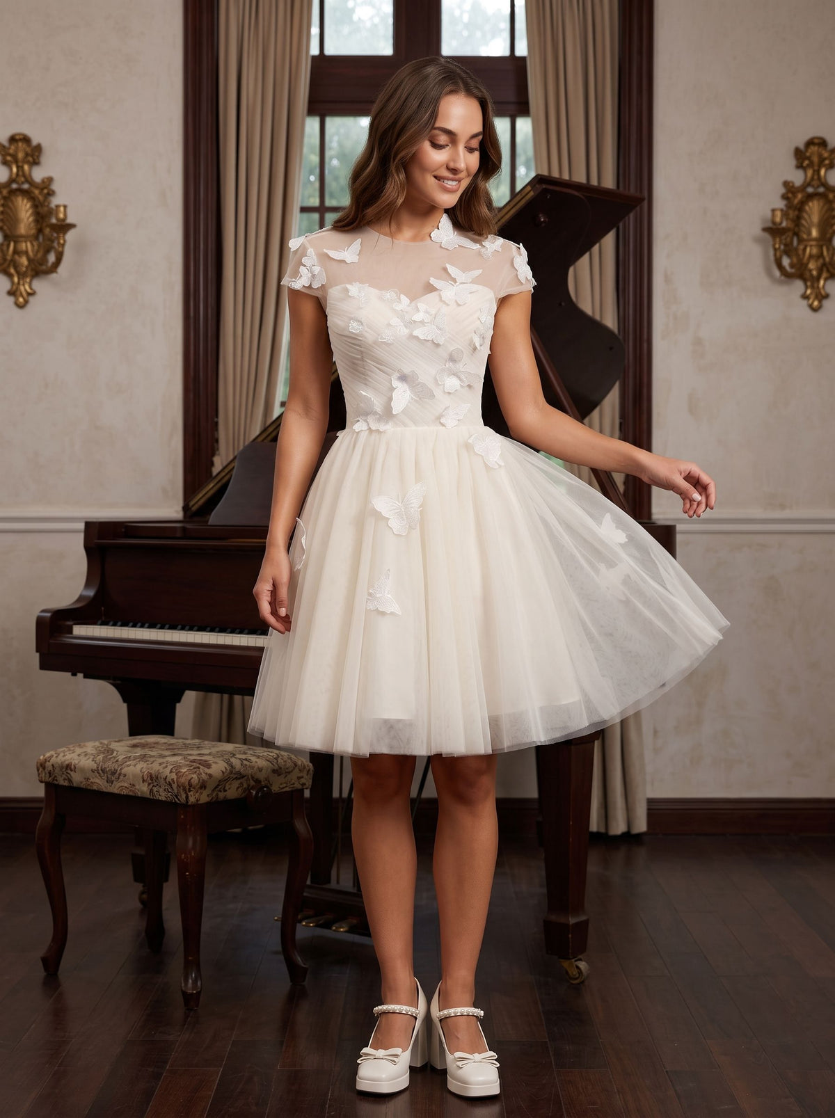 Ivory Tulle A-Line Scoop Neck Lace-up Short Dress with Butterfly Appliques - Curvevia
