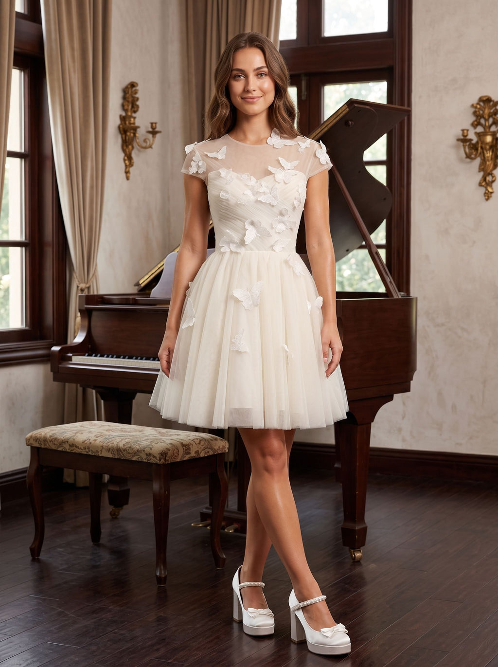 Ivory Tulle A-Line Scoop Neck Lace-up Short Dress with Butterfly Appliques - Curvevia
