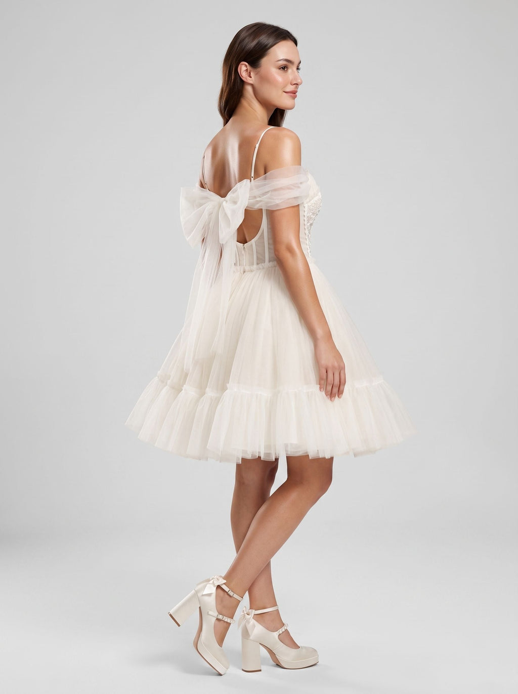 Ivory Tulle A-Line Sweetheart Bow Short Dress with Spaghetti Straps - Curvevia