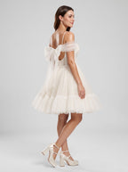 Ivory Tulle A-Line Sweetheart Bow Short Dress with Spaghetti Straps - Curvevia