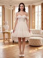 Ivory Tulle A-Line Sweetheart Bow Short Dress with Spaghetti Straps - Curvevia