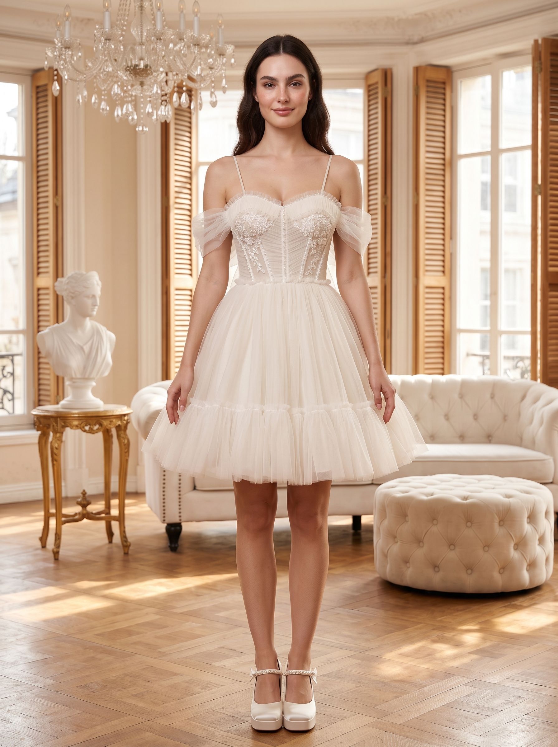 Ivory Tulle A-Line Sweetheart Bow Short Dress with Spaghetti Straps - Curvevia