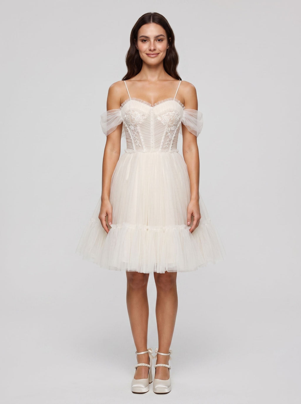 Ivory Tulle A-Line Sweetheart Bow Short Dress with Spaghetti Straps - Curvevia